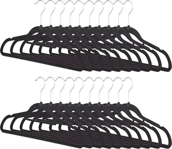 Set di appesiabiti da 20 - sottile - rivestimento in velluto - antiscivolo - gancio rotativo 360° - HxB 225 x 41 cm - nero