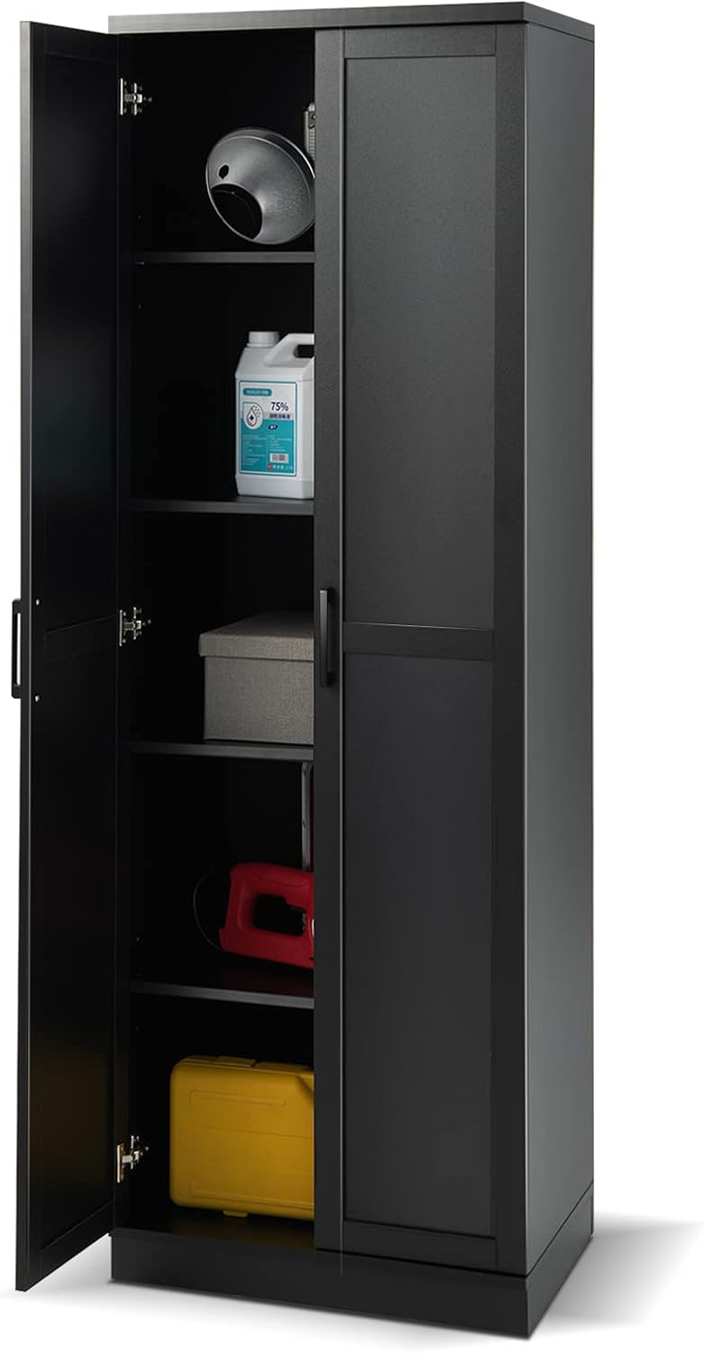 Armadio Alto di Stoccaggio a Pavimento con 2 Ante, Mobile Multiuso con Ripiani Regolabili, Armadietto di Stoccaggio in Legno Capacità di Carico di 90 kg, 59 x 43,5 x 178 cm (nero)