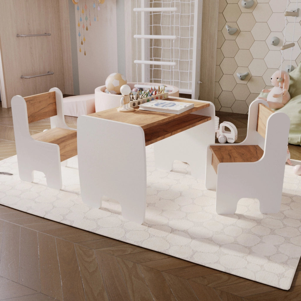 Set TIMI per Bambini con Tavolino e due Sedie Bianco e Rovere
