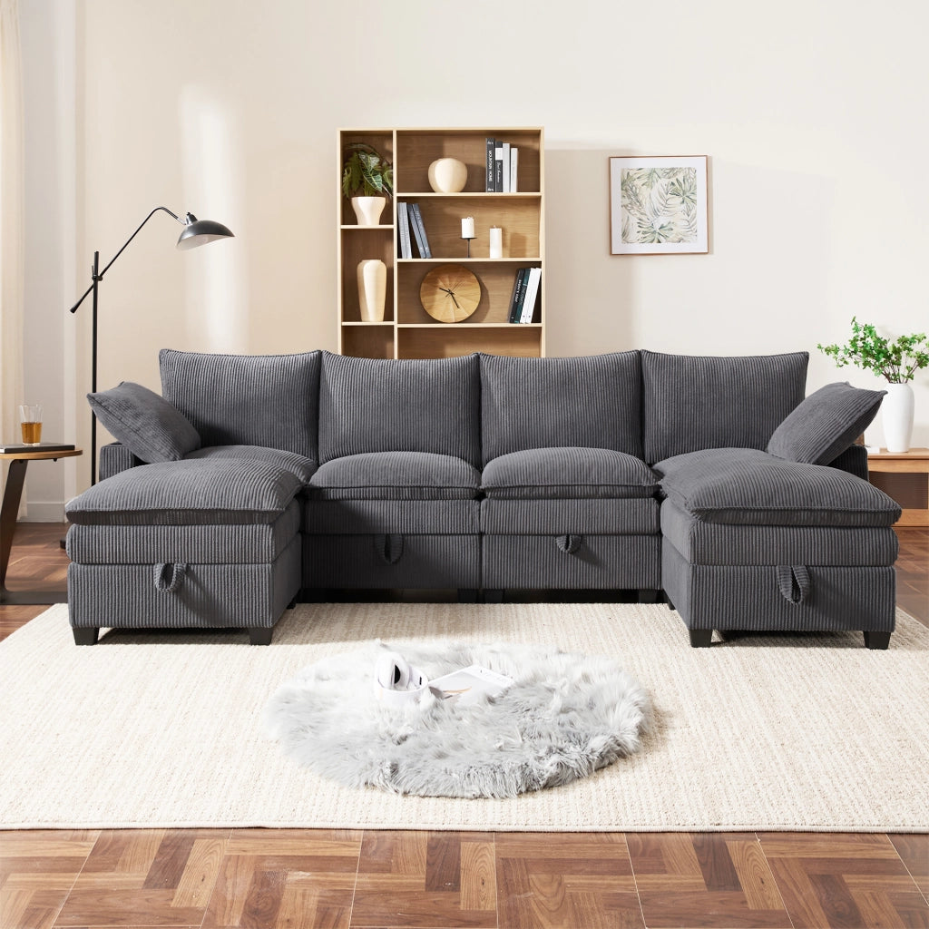 DIVANO Modulare L/U 280x151x82 cm Corduroy Grigio 5-6 posti