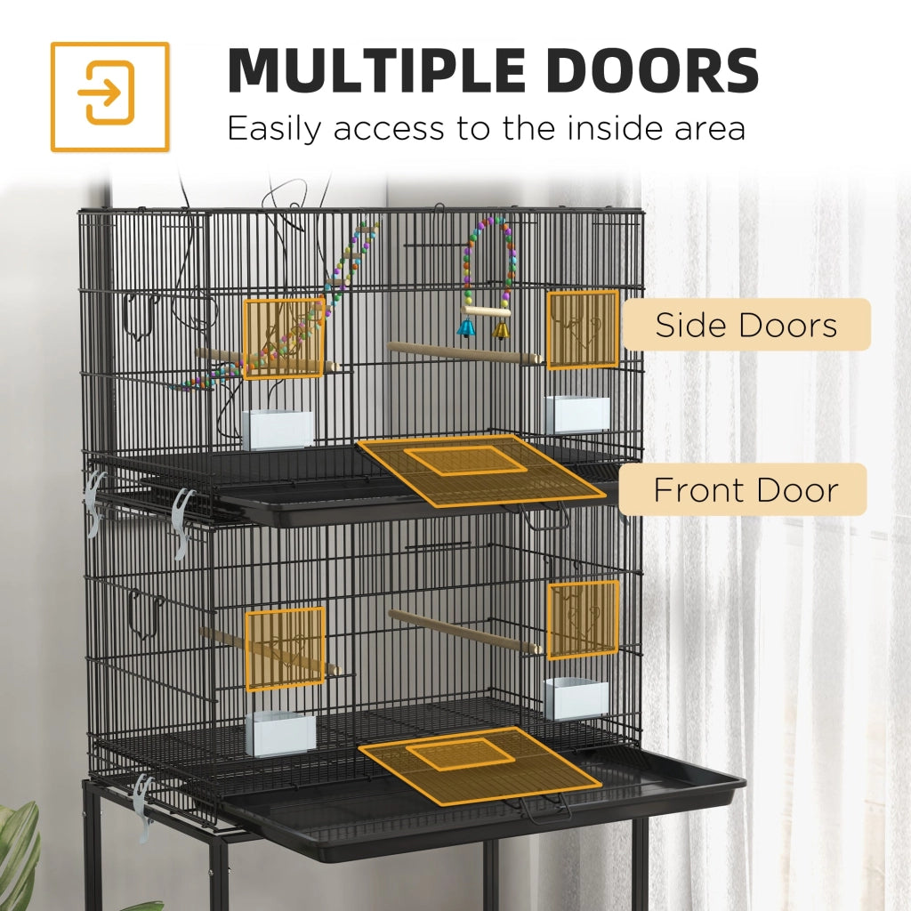 Doppia Voliera 2 Gabbie per Uccelli Impilati 77x46x164 cm in Acciaio con Ruote Nero