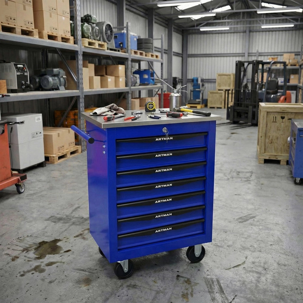 Carrello Portautensili 7 Cassetti con Ruote ¨C MINIMAL ¨C Metallo, Nero e Blu