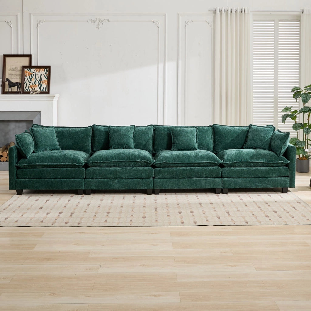 Divano modulare 4 posti in ciniglia con cuscini ergonomici e seduta a doppio strato, per soggiorno e appartamento, verde