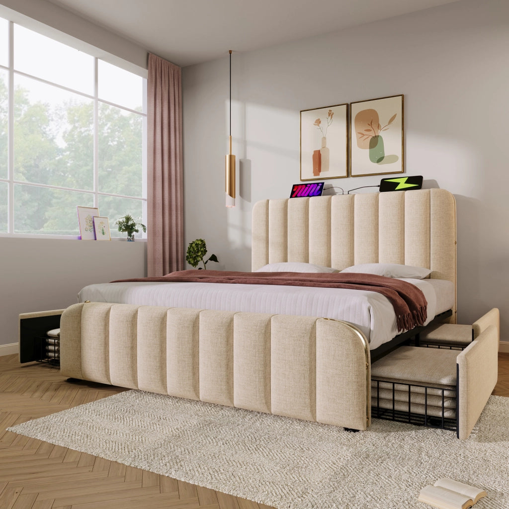 Letto matrimoniale 160x200 cm con 4 cassetti; USB e USB-C; rivestimento in lino beige