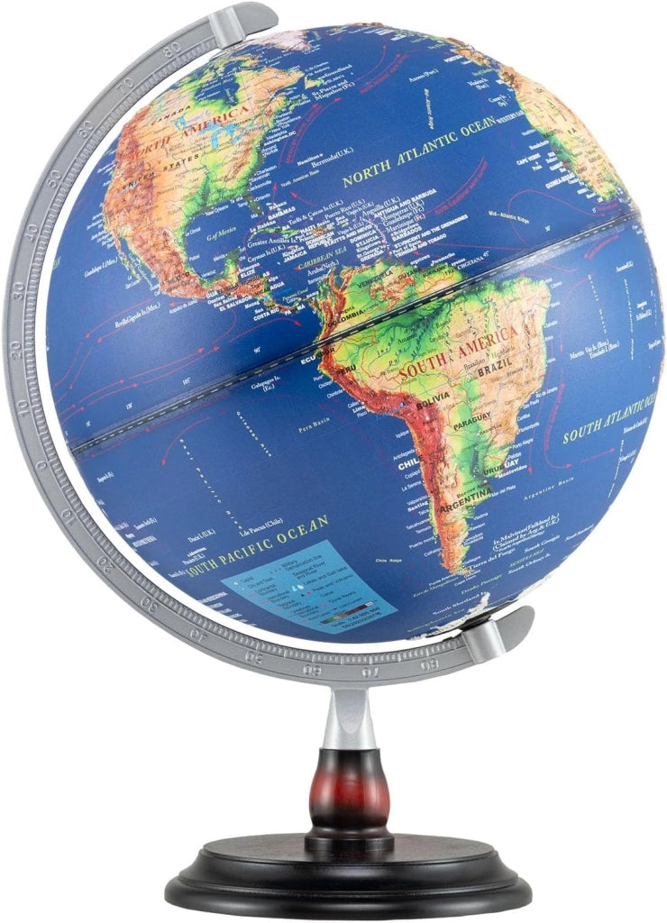 Globo illuminato da 30 cm, globo mondiale con mappa in rilievo, illuminazione a LED, display fuso orario, base in legno antiscivolo, globo geografico per studenti, educazione, decorazione