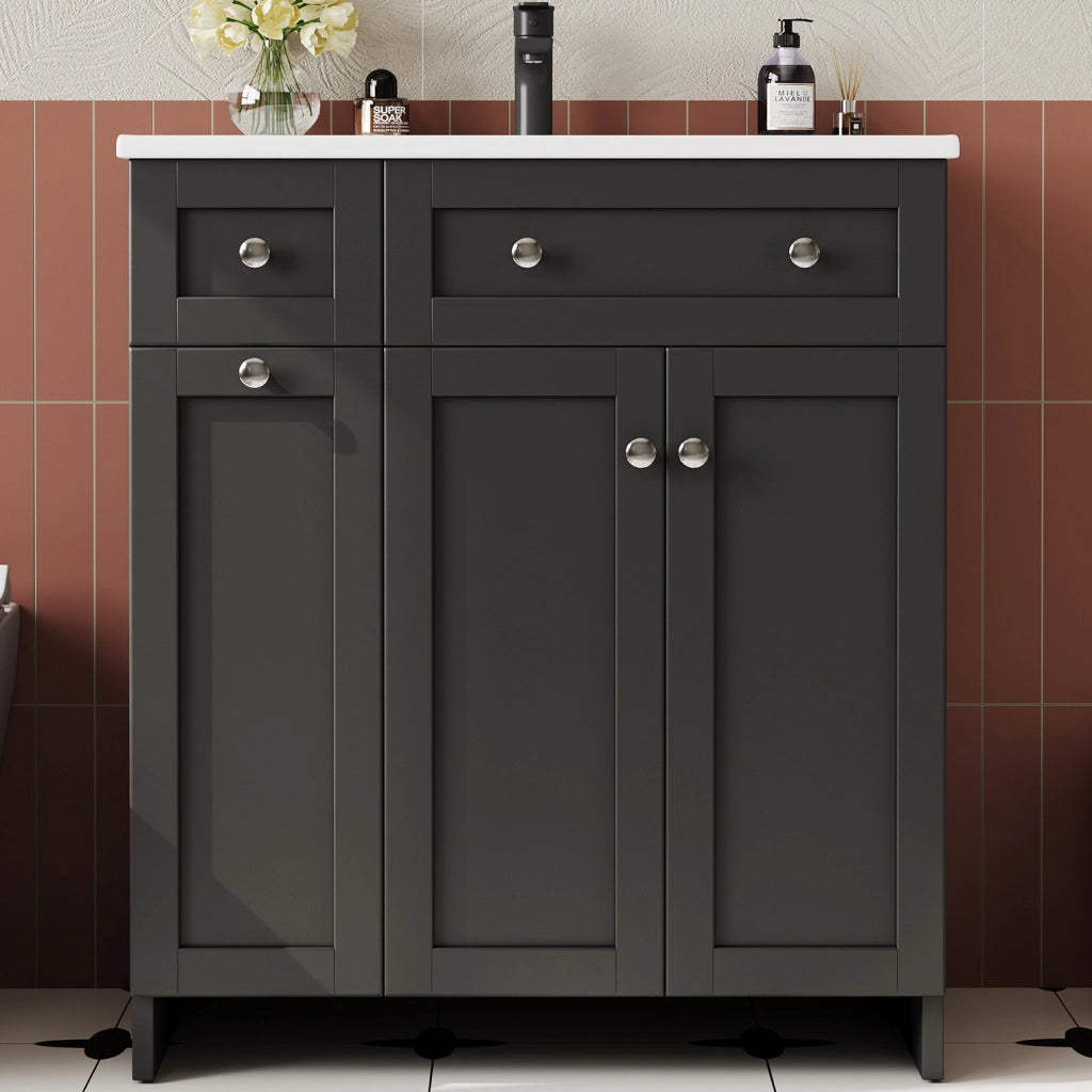 Mobile lavabo bagno freestanding nero 76x47x86 cm con lavello in ceramica e 3 cassetti