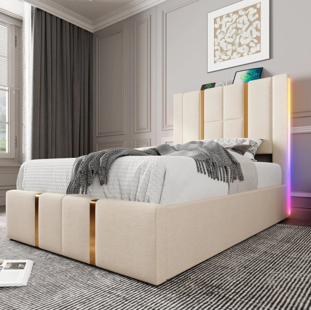 Letto imbottito 90x200 cm beige con materasso, LED RGB, USB-C e vano contenitore