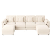 Divano modulare 6 posti - con pouf mobili; LED e tavolini ribaltabili - in chenille beige