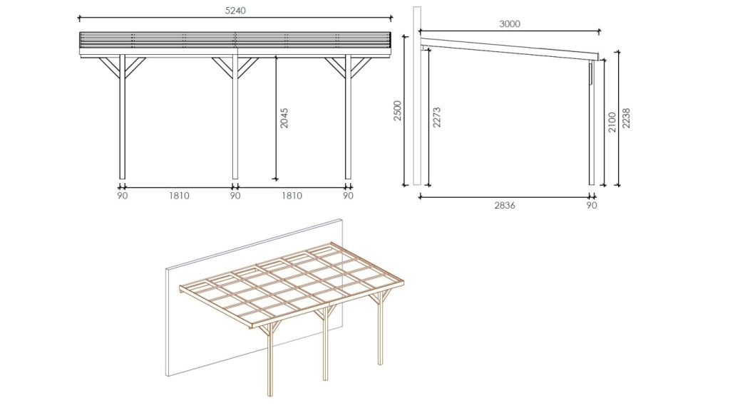 Tettoia posto auto coperto in legno 3x5.24 m - 15 m2 - addossato  - CAR7-2 - ALTANKA