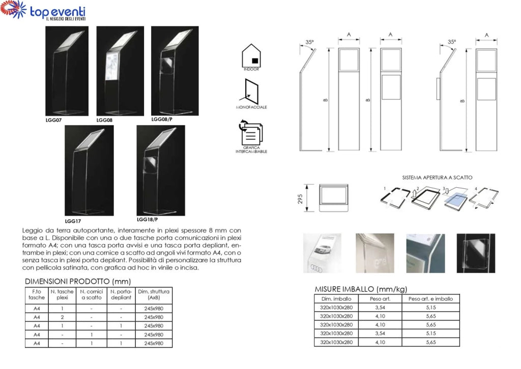 Leggio in plexi con base a L da 8mm ad una tasca f.to A4 verticale - Non personalizzato