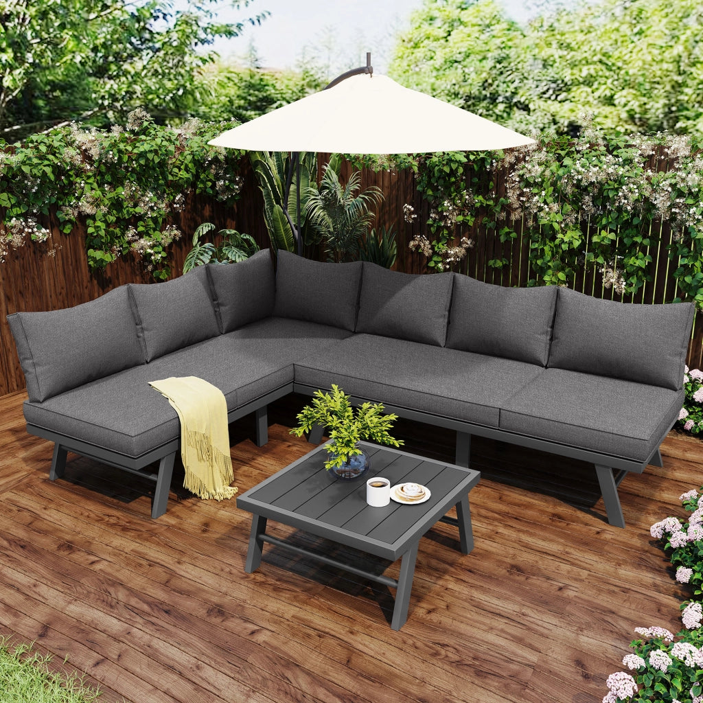 Set Divano da Giardino 5-6 Posti ¨C MINIMAL ¨C 2 Divani 3 Posti, Tavolo, 7 Cuscini Grigi, Ferro Antracite