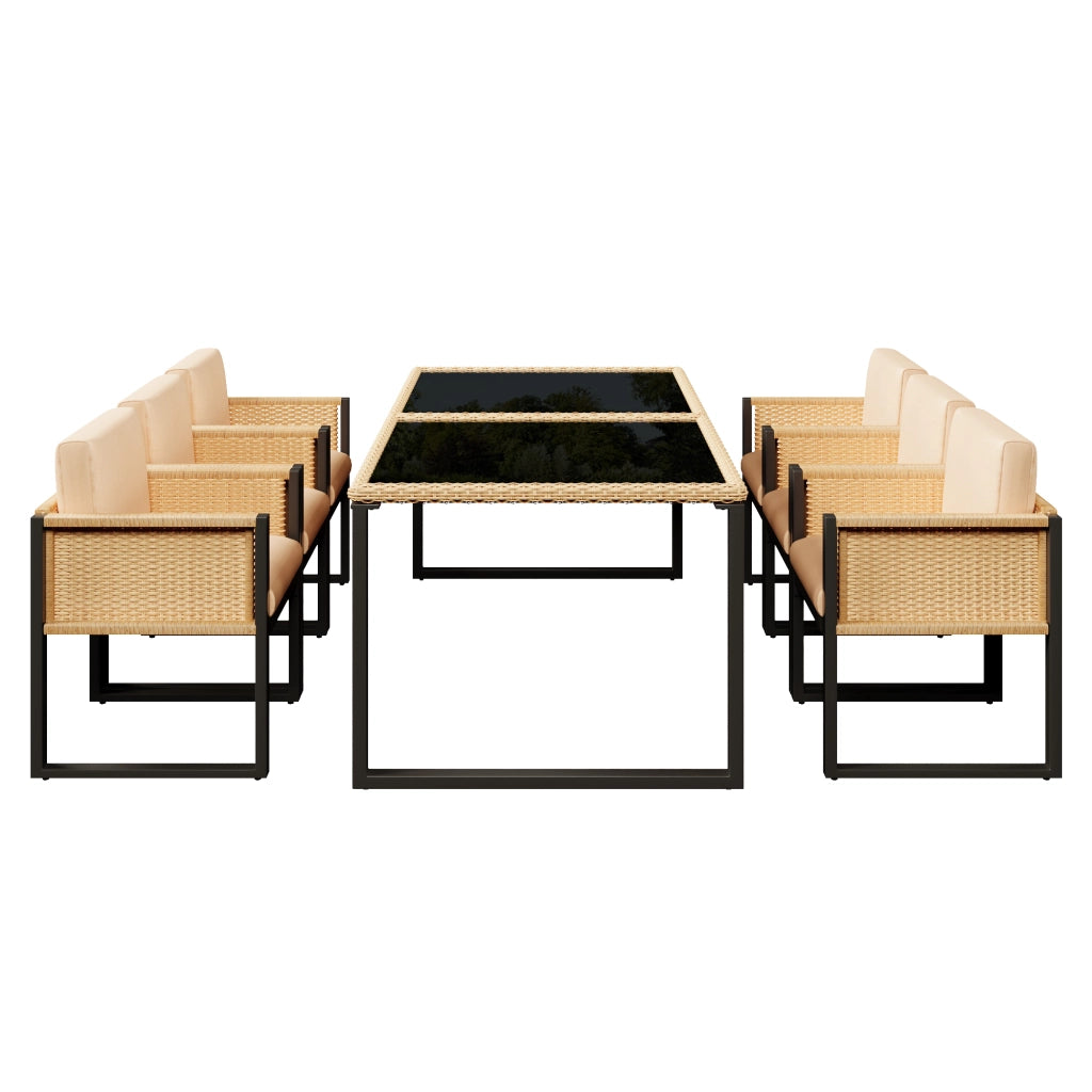 Set tavolo e sedie da giardino con tavolo e 6 sedie, cuscini sfoderabili in rattan PE nero e marrone