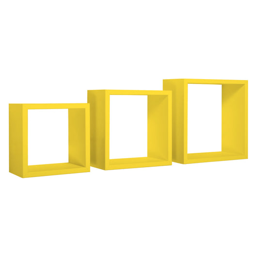Set di 3 Mensole da Muro MODELLO INCUBO, Cubi Arredo, Mensole Cubo, Cubi da Parete. Misure 35x35 p15.5 cm 30x30 p15.5 cm e 25x25 p15.5 cm. Finitura  GIALLO CANARINO - MADE IN ITALY