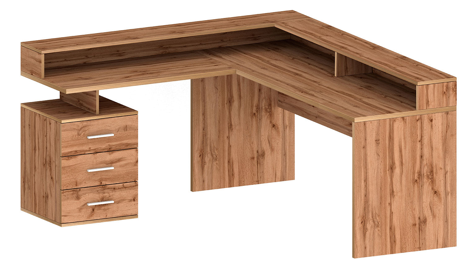Scrivania Angolare 3 Cassetti e Ripiani a Giorno 180/160x60x90 cm New Selina Rovere Wotan