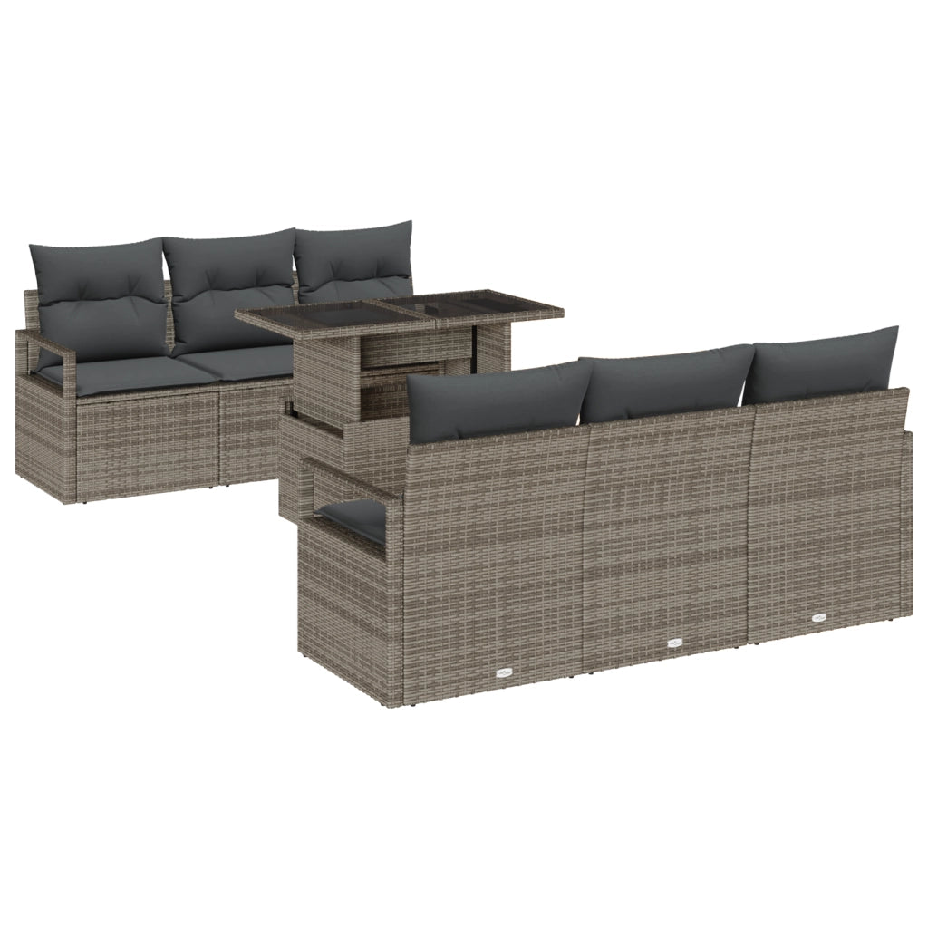 Set Divano da Giardino  7 Pezzi con Cuscini Grigio Polyrattan