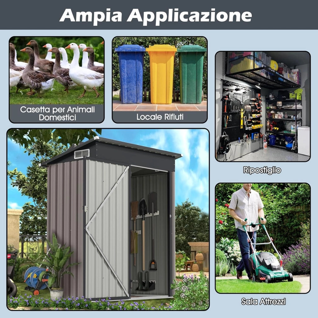 Armadio da Esterno 1,02㎡, Capanno da Giadino in Metallo Zincato con Tetto Inclinato, Venti d'Aria e Porta con Chiusura, Casetta Porta Attrezzi da Cortile, Prato e Patio (Grigio Chiaro)