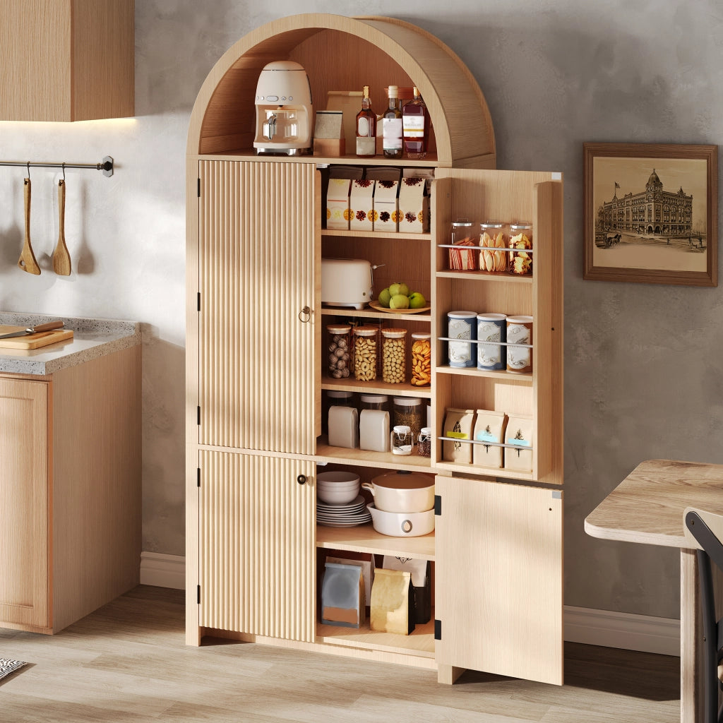 Armadio ad arco con 3 ripiani, 2 vani sulle ante e vano aperto superiore, per soggiorno, in MDF naturale, 80 × 40 × 180 cm