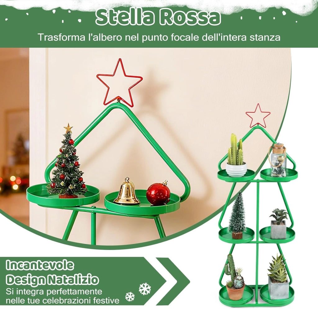 Porta Piante in Metallo, Supporto per Piante a 3 Livelli a Forma di Albero con Stella Rossa e Vassoi per Stoccaggio, Struttura in Metallo, Mensole Espositivo per Decorazioni Festive