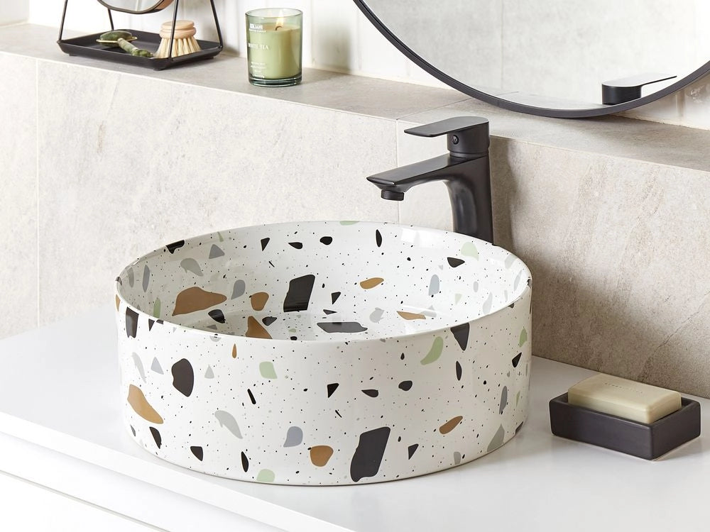 Lavabo da appoggio in ceramica effetto terrazzo bianco 400 mm Lavello da bagno rotondo