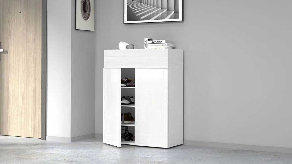 Scarpiera 2 Ante e 1 Ripiano a Ribalta 76x35x100 cm Savona 2A 1R Bianco Opaco/Larice Bianco