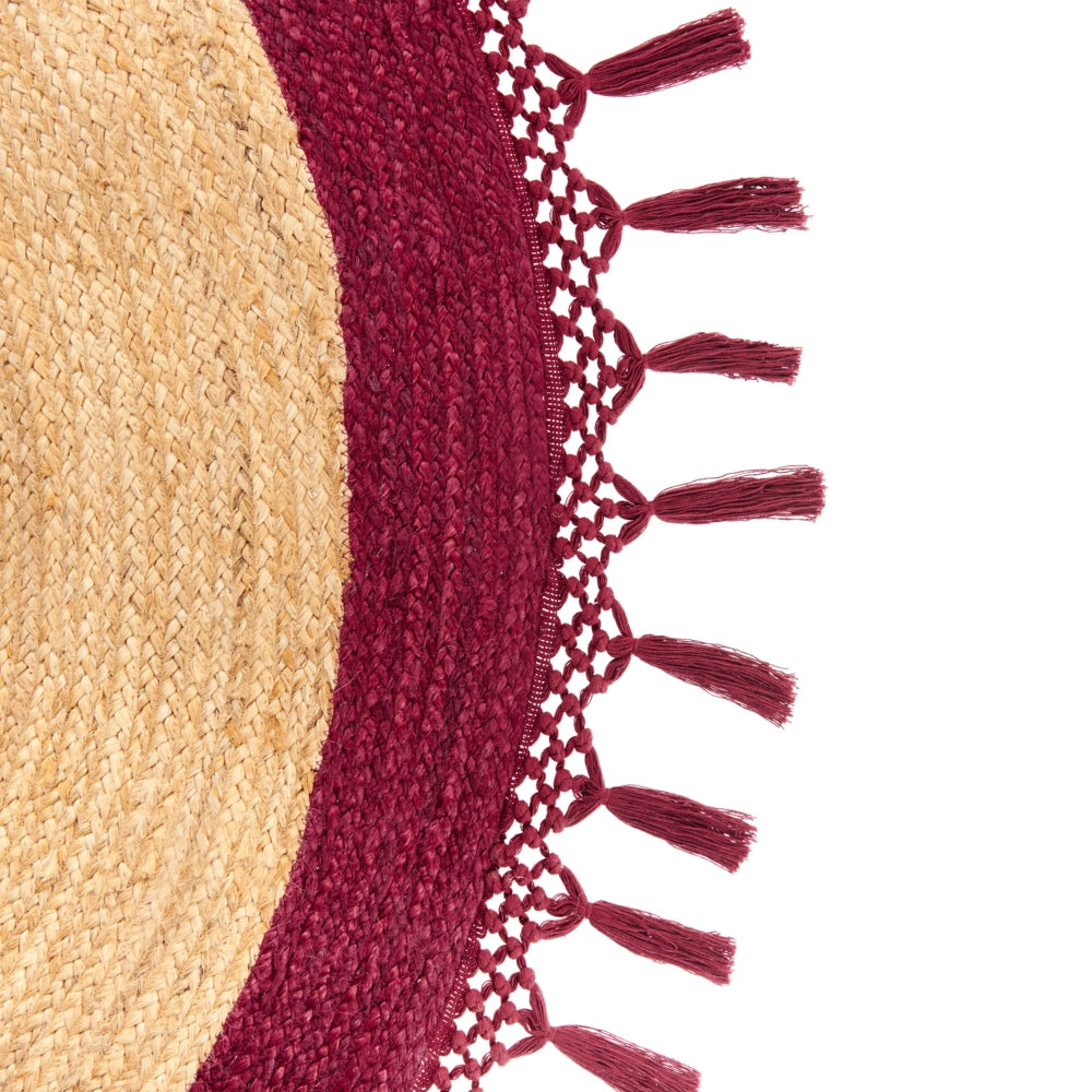 Tappeto Beige e Rosso Rotondo 200 cm Boho Rustico Spirale Intrecciato Fatto a mano Juta Naturale Camera da letto Soggiorno