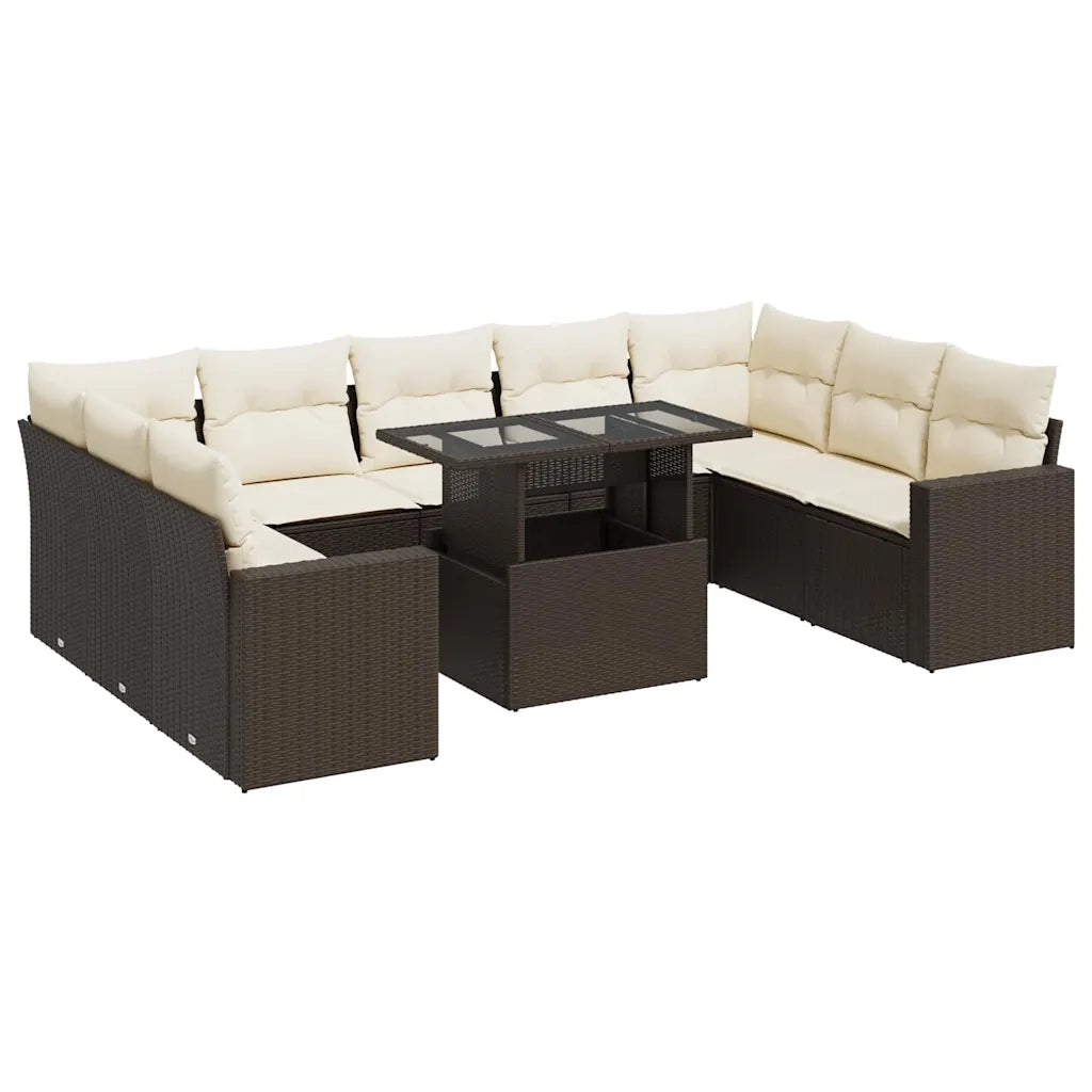 Set Divani da Giardino 10pz con Cuscini in Polyrattan Marrone
