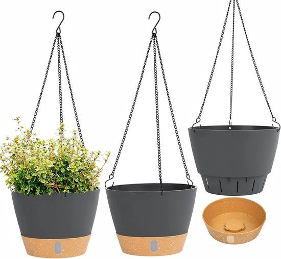 Pianta da terra 3 pezzi vaso autoirriguo con ciotola di acqua rimovibile fori di drenaggio catenacci per giardino interno ed esterno (grigio-nero)