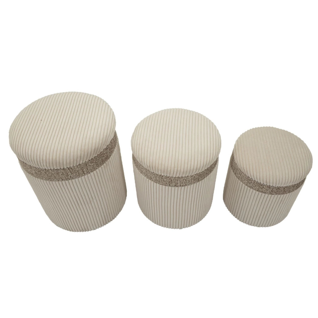 Set 3 pouf contenitore Cortina in poliestere crema Ø40x49, Ø35x42 e Ø31x38 cm