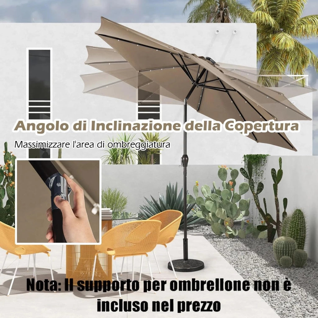 Ombrellone da Giardino con LED Luci Ø300 cm, Parasole da Esterno Ombrello da Spiaggia (Marrone)