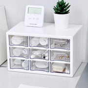 Cassetto di archiviazione per piccoli oggetti, 9 cassettoni, contenitore di archiviazione multifunzione in plastica da parete per trucco, ufficio, hardware artigianale, accessori artistici, 24 x 16 x 14 cm, bianco