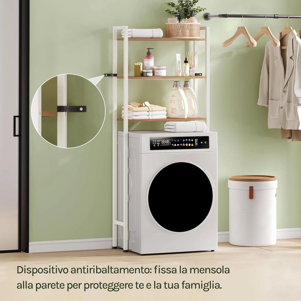 Mobile Sopra Lavatrice a 3 Ripiani, Scaffale Coprilavatrice Salvaspazio, Organizer da Bagno Portaoggetti, Mobiletto Sopra WC in Legno e Metallo, Rovere Chiaro e Bianco, 67x20x164cm