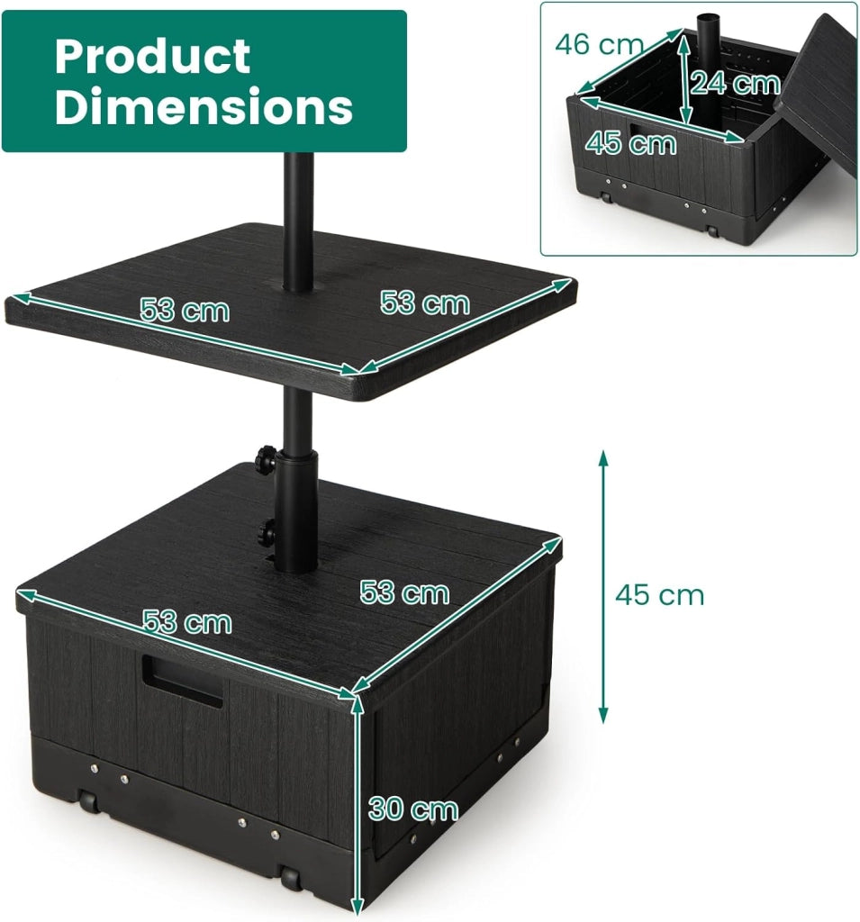 Piedino per ombrellone da riempire con 45 litri di acqua / 67 kg di sabbia base ombrellone con ruote e piano di posizionamento, supporto per ombrellone da 38/48 mm, 53 x 53 x 45 cm