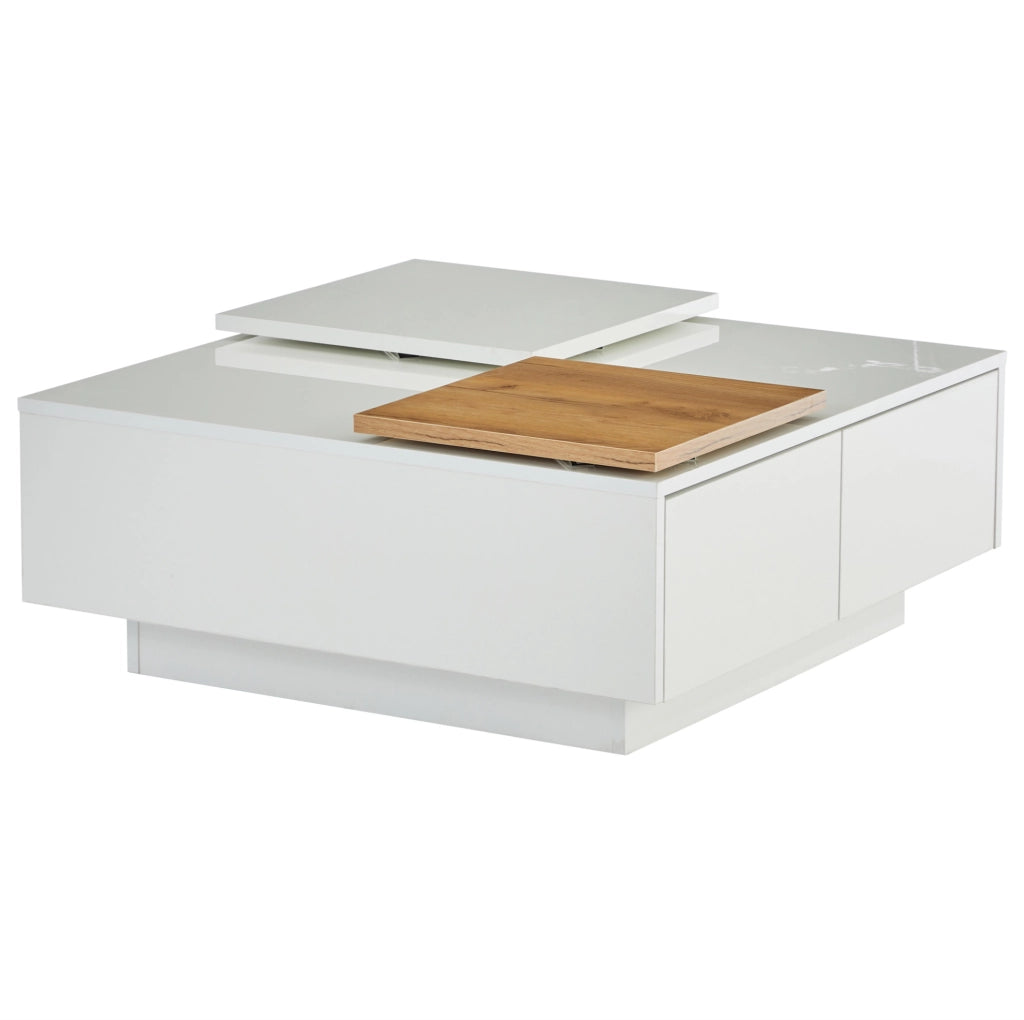 Tavolino da salotto quadrato 75x75x33;5 cm bianco lucido in pannello truciolare con 4 cassetti