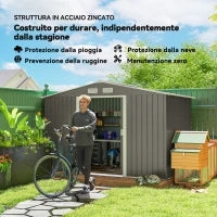 Casetta da Giardino con Doppie Porte Scorrevoli in Lamiera di Acciaio, Capanno da Giardino in Acciaio, 277x195x192cm, Grigia