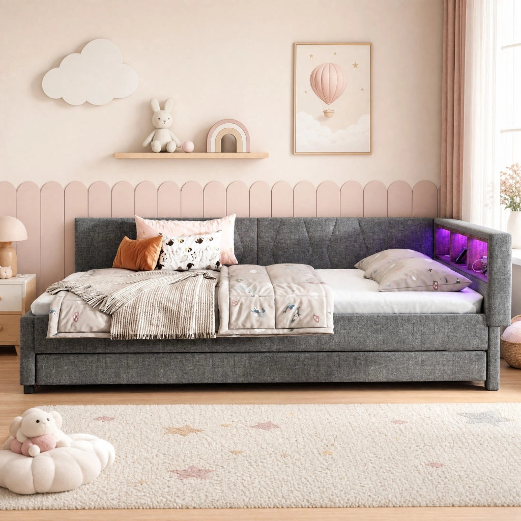 LETTO estraibile 140x200 cm in lino grigio con USB, LED e vani
