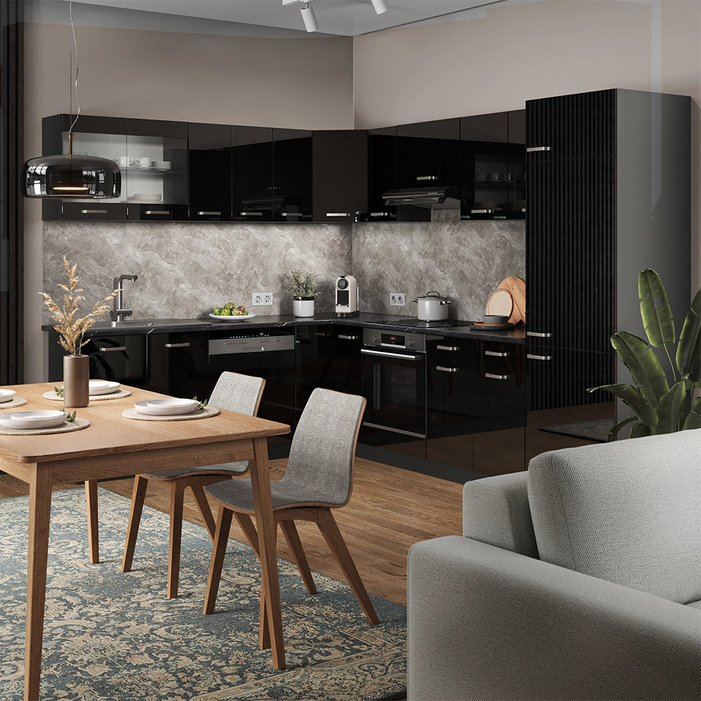 Vicco Cucina angolare completa Nero lucido/antracite 227 x 287 cm senza piano di lavoro