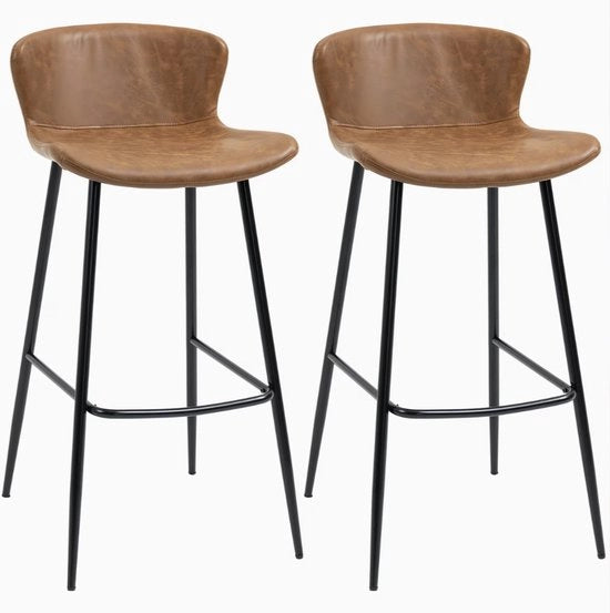 Set di 2 Sedie da Bar con Pelle Pelle, 76 cm, Sedia in Pelle PU, Supporto in Acciaio e Rivestimento in Pelle Vintage - Marrone