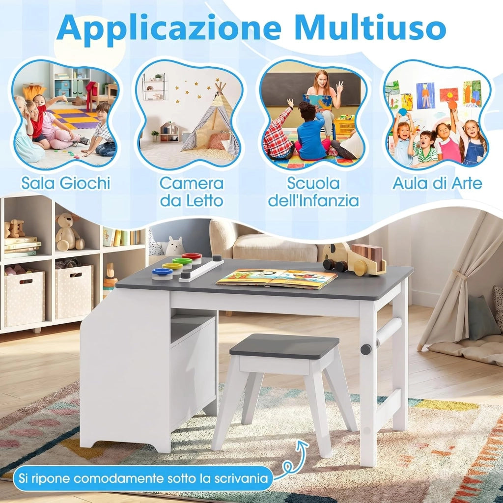 Set Tavolo e Sedia per Bambini 3+ Anni con Rotolo di Carta | Tavolo da Disegno con Sgabello, 4 Vaschette, 3 Scomparti e 2 Cassetti in Tessuto per Cameretta e Sala Giochi