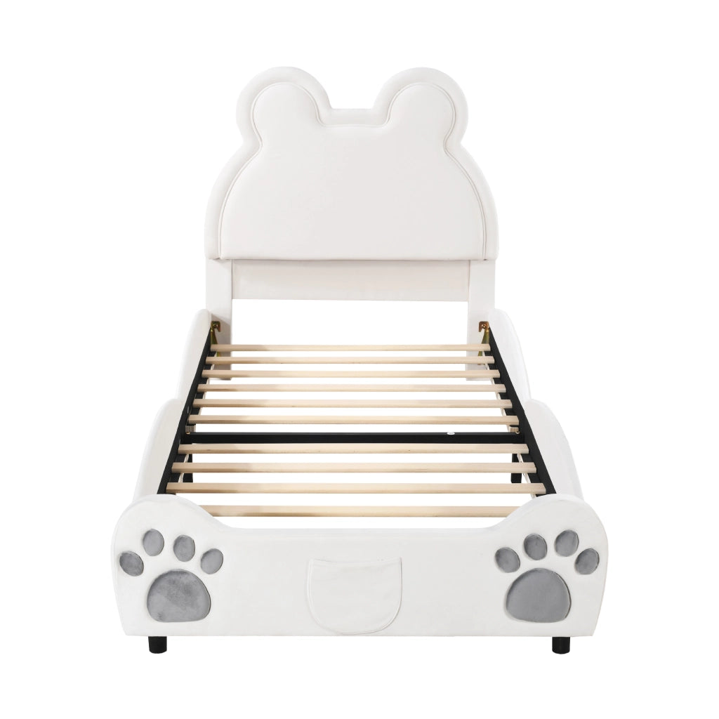 Letto per Bambini 90×200 cm; Letto Singolo Imbottito a Forma di Orso; senza Materasso; Velluto; Bianco