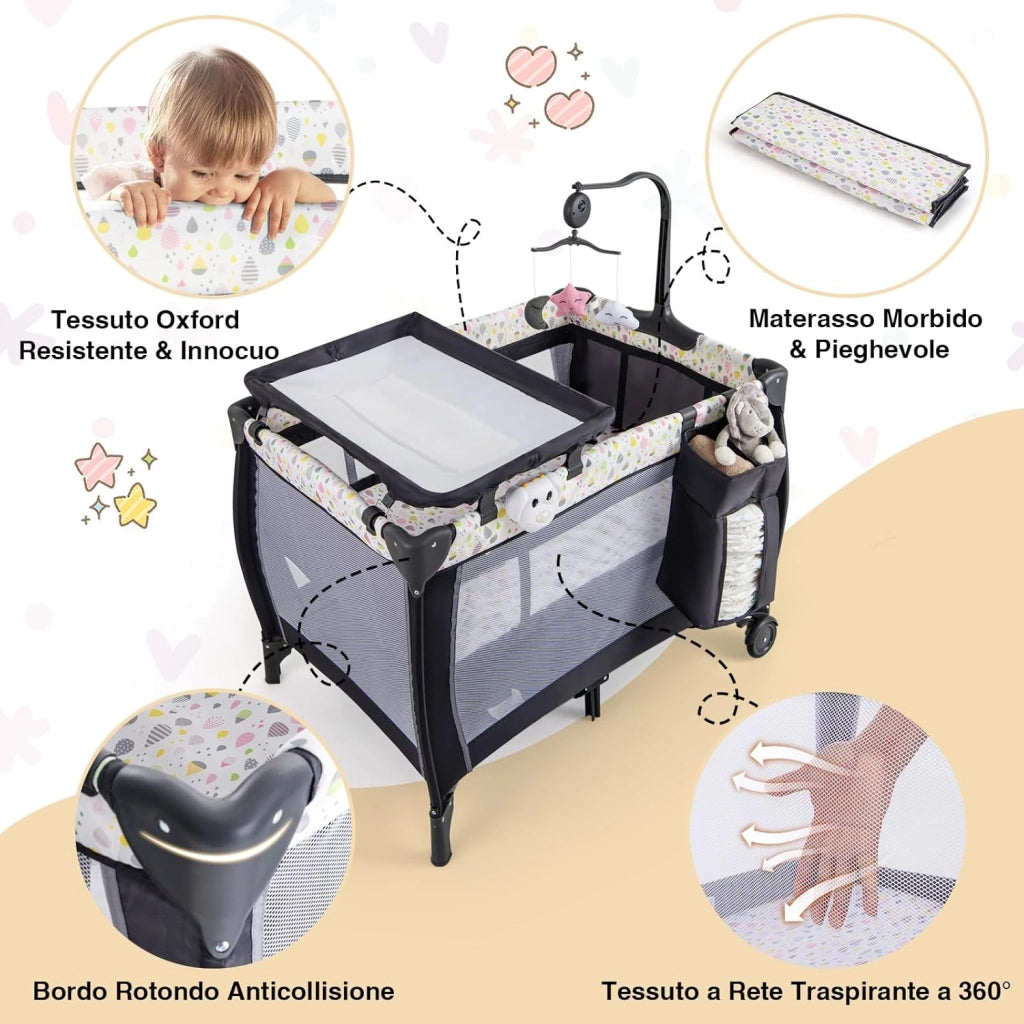 3 In 1 Lettino da Campeggio per Bambini, Lettino con Materasso Portatile per Neonati, Culla Pieghevole per Neonati con Fasciatoio, Carillon e Ruote con Freno, per Bambini 0-36 Mesi (Colorato)