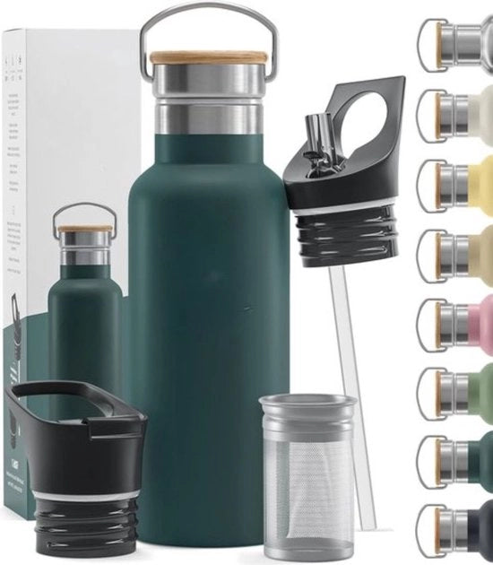 Fusto Termos di Acciaio Inox + Beccuccio (3 Bocchette) - Senza Alcol - 1 Litro/500 ml - Fusto Isolante a Vuoto Fusto Acqua - Sport Fitness Bicicletta - Bicchiere Acqua per Bambini