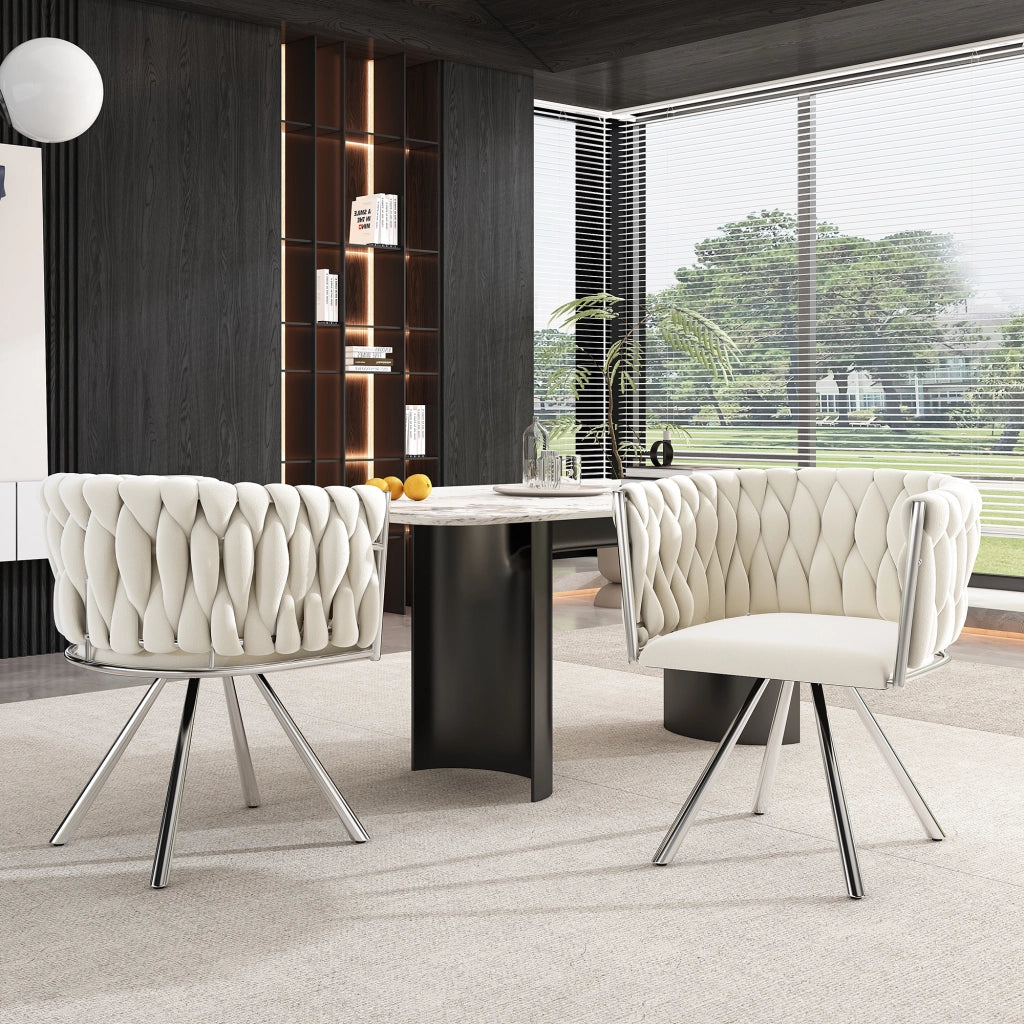 Sedia da pranzo girevole in velluto, set da 2, struttura in acciaio, beige e argento