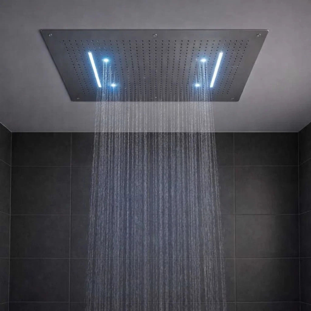 Soffione doccia led a incasso a soffitto installazione con cascata materiale acciaio inox rettangolare