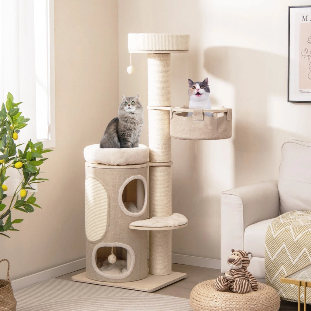 Albero per gatti da 154cm per gatti interni, Torre per gatti multi-livello con condominio a 2 piani Naturale-Alberi Tiragraffi