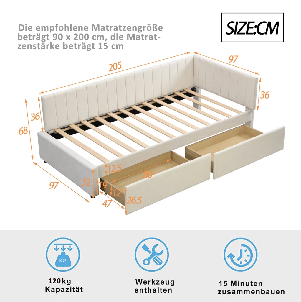 Letto da giorno imbottito 90x200 cm con 2 cassetti e rete a doghe; velluto beige