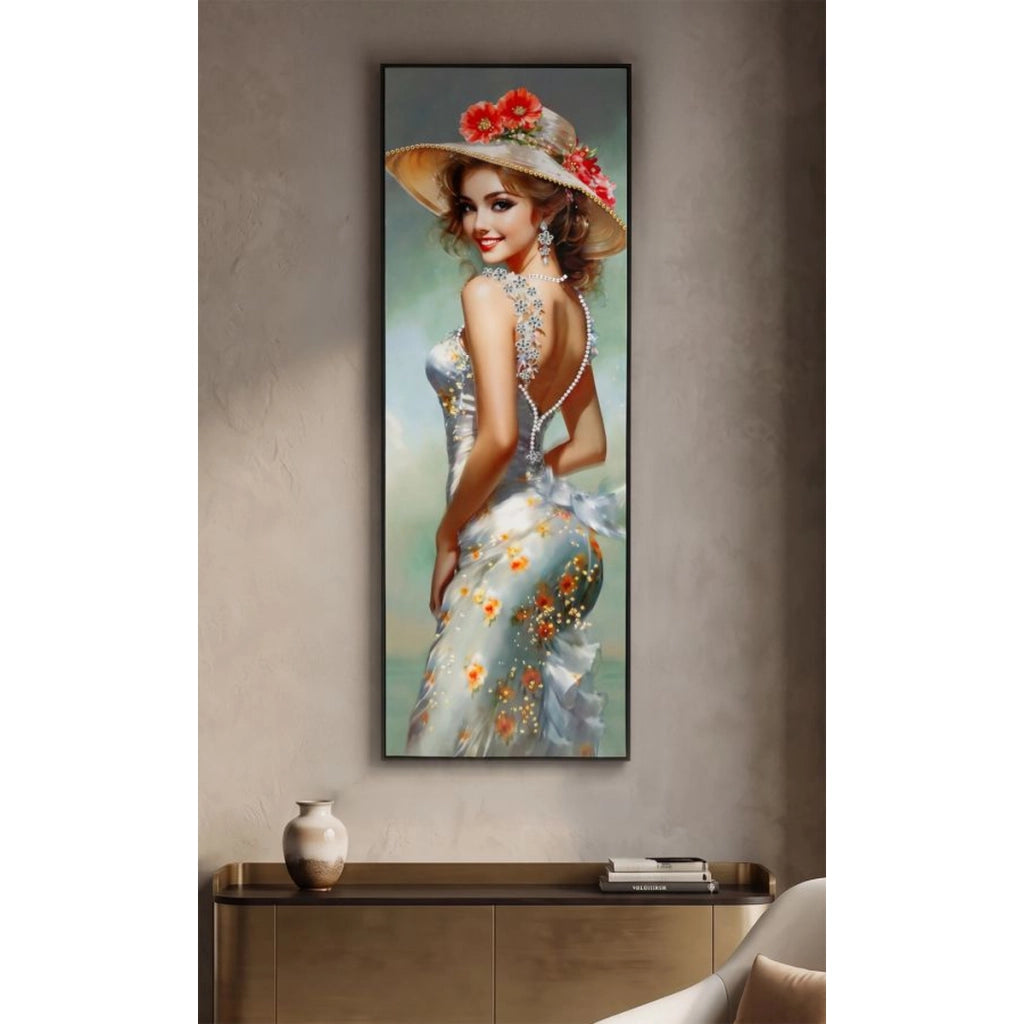 Dipinto su tela Elegant B dama con cappello e papaveri, 52x152 cm