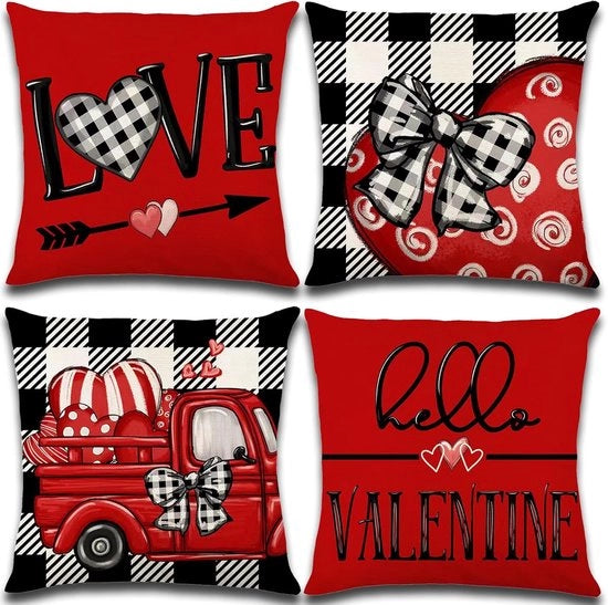 Decorazione per San Valentino - Copertine di cuscino 45 x 45 cm, set da 4 pezzi, copertine di cuscino in lino con disegno di cuoio di bufalo rosso a forma di cuore, adatto per grandi divani, per la casa, all'aperto e come decorazione per feste.