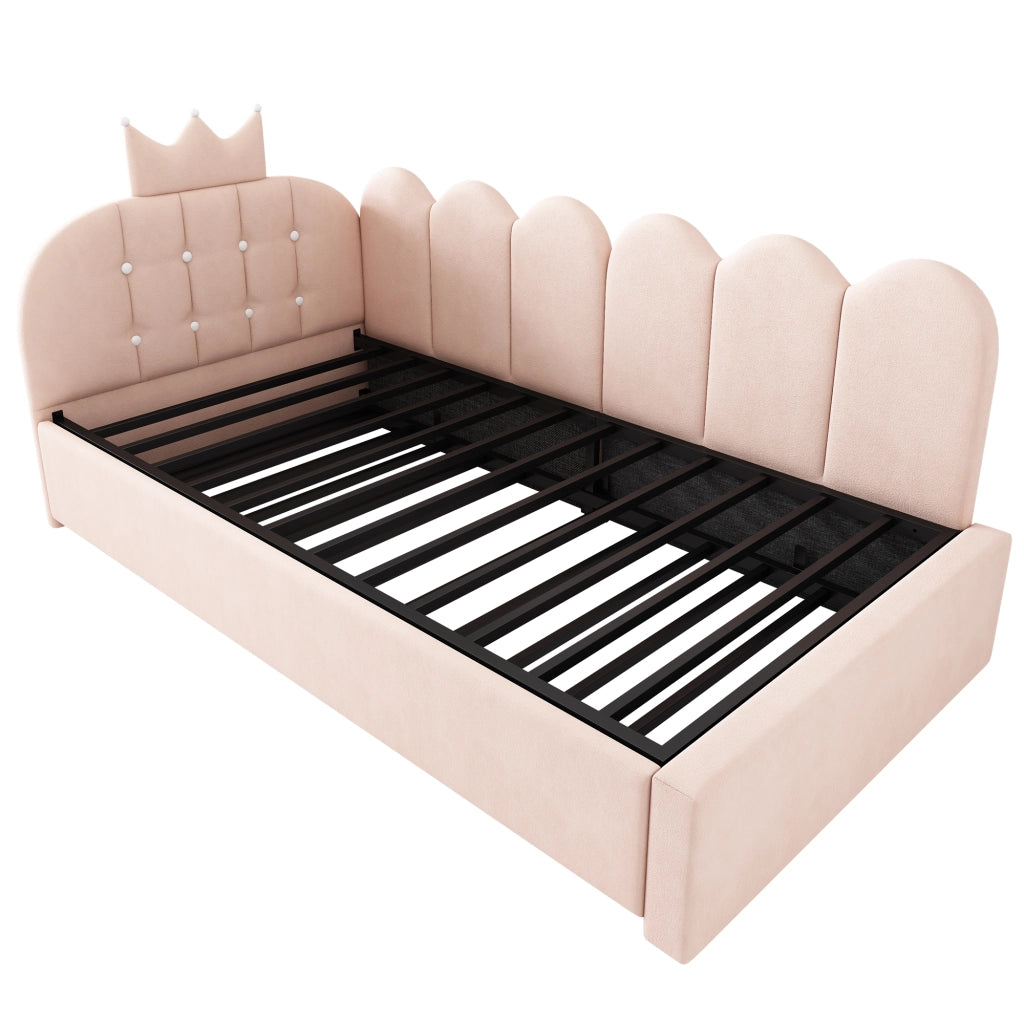 Letto daybed con letto estraibile 90x200 cm in velluto rosa, design corona, per cameretta e ospiti