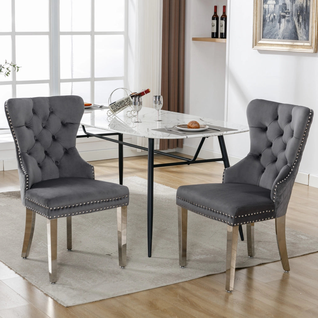 Sedie da Pranzo Imbottite in Velluto ¨C MINIMAL ¨C Grigio, Gambe in Metallo, Set 2 Pezzi