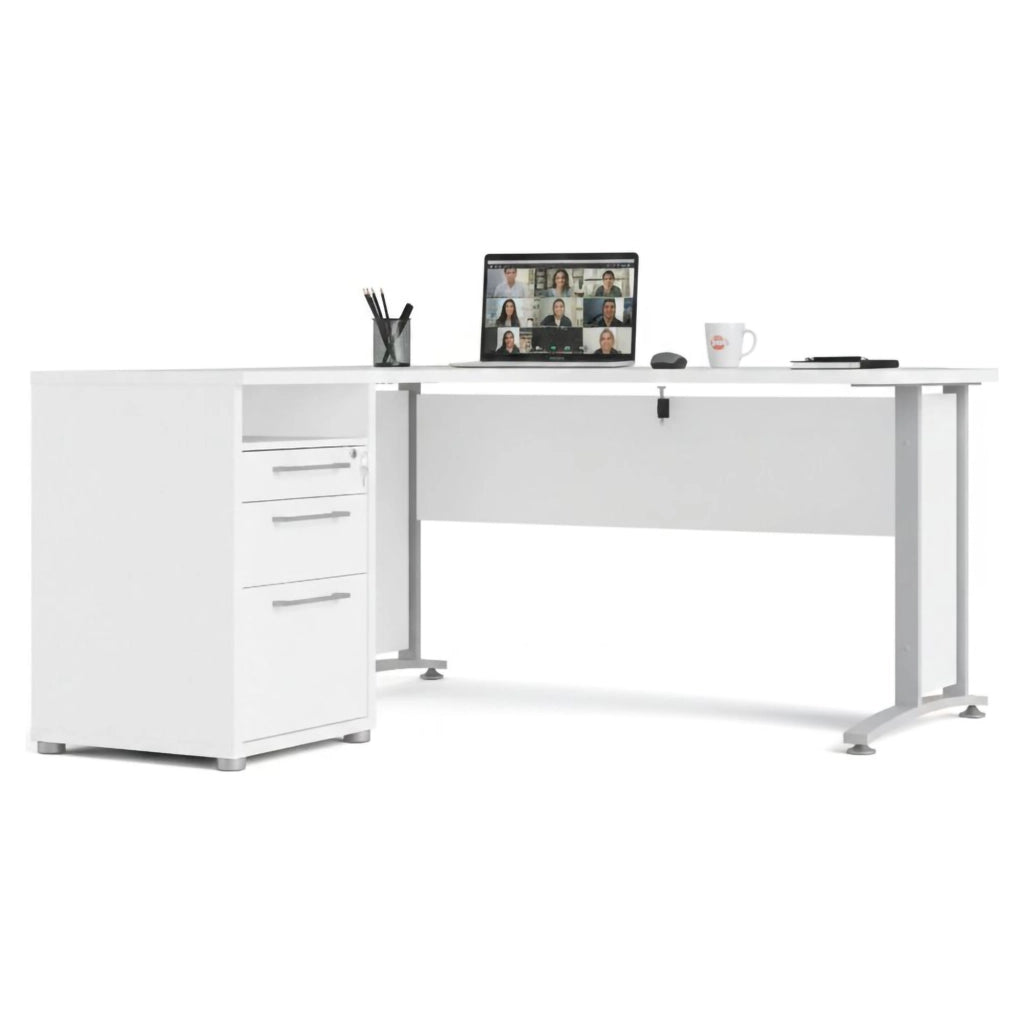 Scrivania Alfango, Scrittoio multiuso, Tavolo per ufficio porta PC, Piano di lavoro, 159x151 h75 cm, Bianco e Grigio